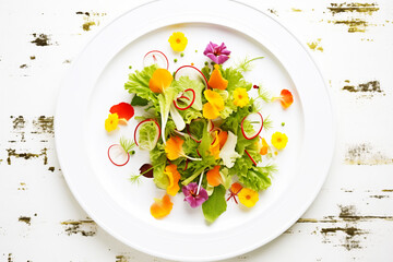 spring mix salad greens scattered across a white plate