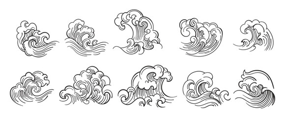 Japanese wave set. outline cartoon crashing splash tide waves, japan sea vintage wash curls drawings isolated on background vector illustration - obrazy, fototapety, plakaty