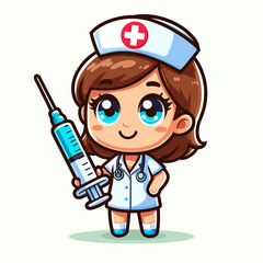 Cartoon character nurse with syringe, flat colors