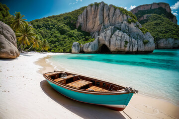 Fototapeta na wymiar Boat on a white sand beach in the tropical ocean with palm trees