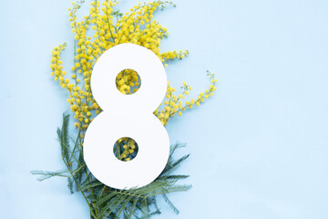 Mimosa yellow flowers on tender blue spring background, 8 march day festive background, mimose is...