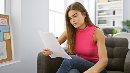 Captivating portrait of a young, beautiful hispanic woman engrossed in reading a business document,...