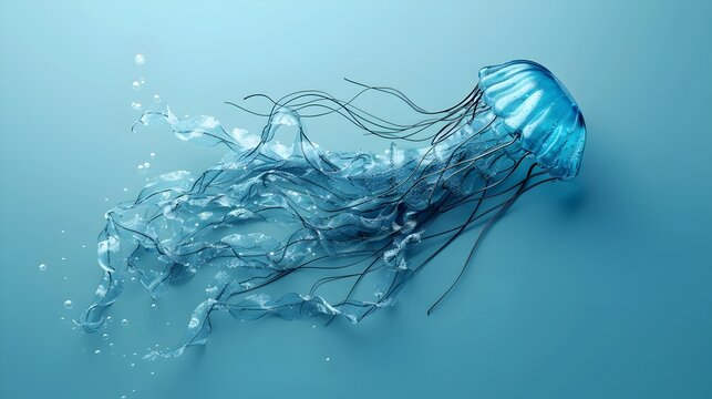 Plastic Blue Jellyfish in Organic 3D Underwater Scene