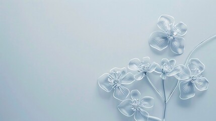 simple one line gentle tiny silver glowing neon flowers on a light blue color background