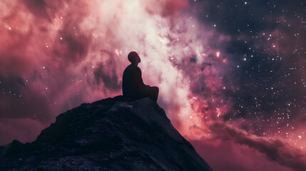 A person in a field of flowers looking at the night sky with a galaxy,,
Man looking at the milky way galaxy 3D Rendering