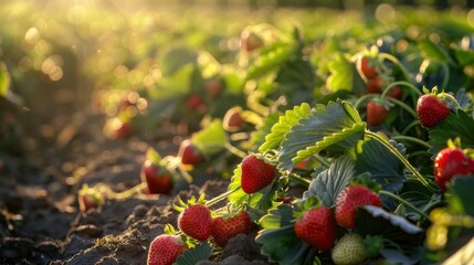 Sunlit scene overlooking the strawberry plantation with many strawberries, bright rich color,...