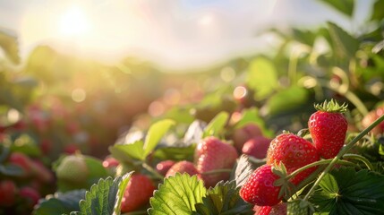 Sunlit scene overlooking the strawberry plantation with many strawberries, bright rich color,...