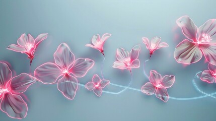simple one line gentle tiny light pink glowing neon flowers on a light blue color background