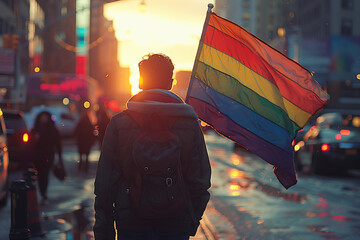 lgbt pride, man walk   down the street with rainbow flags 
 - obrazy, fototapety, plakaty