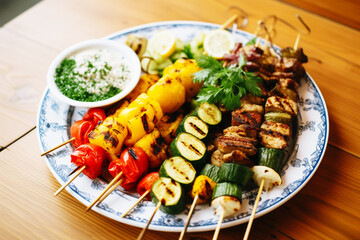 platter of grilled vegetables and kebabs