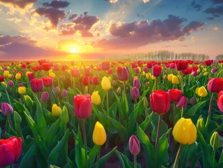 Zelfklevend Fotobehang Sunlit scene overlooking the tulip field with many tulips, bright rich color, professional nature photo © shooreeq
