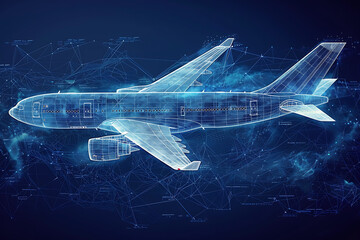 Polygonal commercial airliner. Flying passenger or cargo plane. Travel or air freight concept. wireframe.  Low poly air transport model. dark-Blue background. plexus, triangle, dot - obrazy, fototapety, plakaty