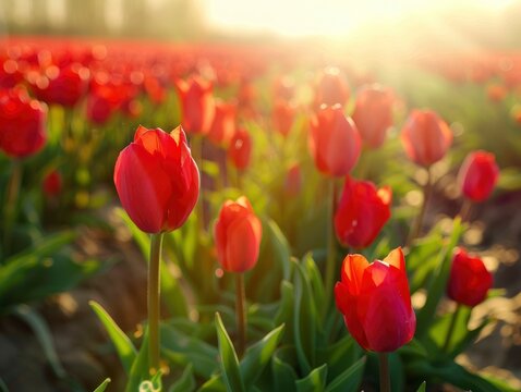 Sunlit scene overlooking the tulip plantation with many tulips, bright rich color, professional nature photo
