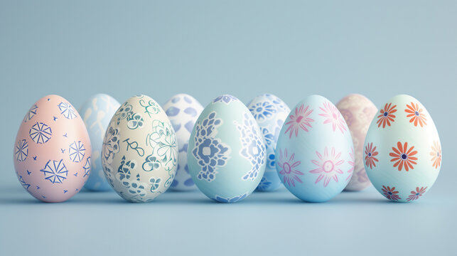 Easter Eggs with Artistic Floral and Geometric Patterns on Soft Blue Background: Elegant Pastel Holiday