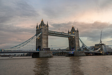 Scenery view of famous Tower bridge and skyline in the river thames at evening. Copy space, Selective focus.