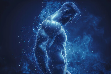 Strongman athlete. Digital wireframe polygon illustration. technology of lines and points
