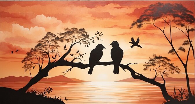 Craft a timeless image of love birds silhouetted against a picturesque sunset, with the warm colors of the sky enhancing the ultra-realistic portrayal of the birds' features-Ai Generative