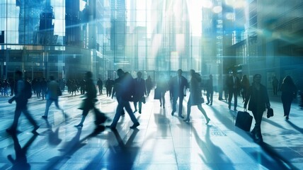 City Life in Motion - Hustling silhouettes against the backdrop of a modern glass building capture the essence of urban life and constant movement.