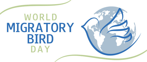 World Migratory Bird Day. Ecological holiday. Bird silhouette with world map. Сonservation concept. Vector banner, greeting card, poster, flyer
