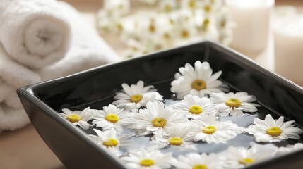 Fototapeta na wymiar flowers floating in black square bowl with white towels