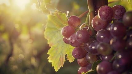 Sunlit scene with ripe grapes close-up on the vineyard, grapes bright rich color, professional photo - obrazy, fototapety, plakaty