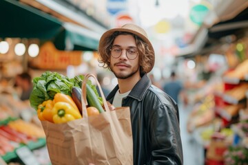 Obraz premium Young man holding craft paper bag filled with vegetables and bread, standing outdoors with supermarket on the background.