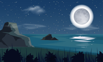 A night view from island with a dark sky full of stars, cloudy, a full moon on top, dry hills, a silent river against bushes. Used for background scenes in 2D cartoons, animated movies. Editable. EPS.