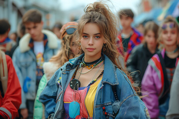 Fototapeta premium the girls are dressed in the retro style of the 90s, the mood of dancing and fun 
