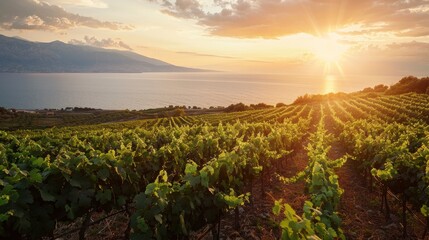 Vineyards on the slopes of the Mediterranean coast, rays of the setting sun shining into the camera, warm summer evening, professional photo - Powered by Adobe