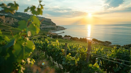 Vineyards on the slopes of the Mediterranean coast, rays of the setting sun shining into the...