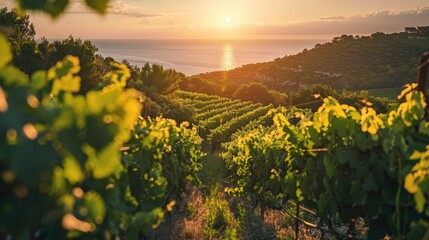 Fototapeta premium Vineyards on the slopes of the Mediterranean coast, rays of the setting sun shining into the camera, warm summer evening, professional photo