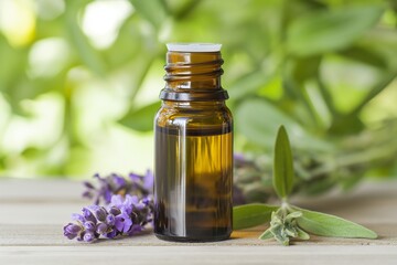 Natural oil bottle and lavender flowers on table, closeup. Cosmetic product