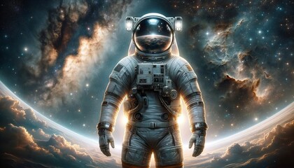 Astronaut Gazing into the Cosmos Reflected in Visor - obrazy, fototapety, plakaty
