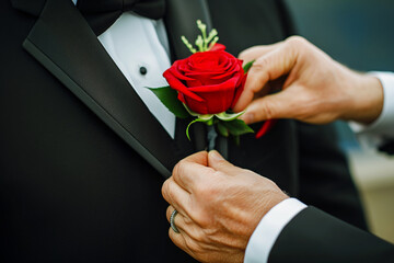 closeup of a man pinning a red rose boutonniere on a black suit lapel - obrazy, fototapety, plakaty