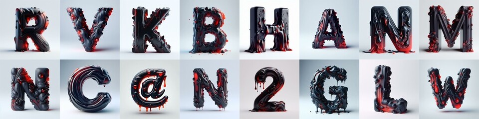 Obsidian and Red glass 3D Lettering Typeface. AI generated illustration