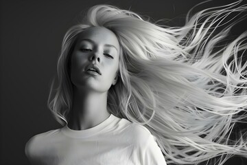 Captivating shampoo advertisement featuring enthusiastic model with flowing blonde hair. Concept Shampoo Advertisement, Enthusiastic Model, Flowing Blonde Hair, Captivating Visuals