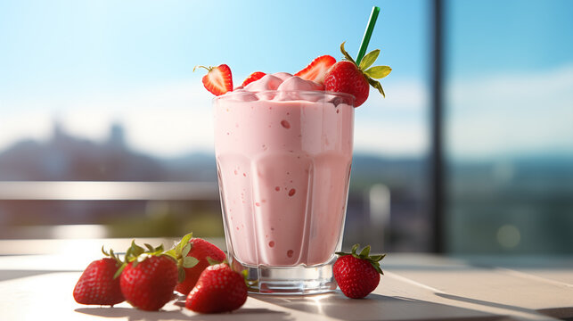A glass of delicious milkshake with strawberries, standing on a table indoors