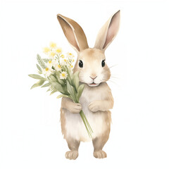 Obraz premium Cute Easter Bunny Holding Bouquet of Flower. Hand Drawn Watercolour Rabbit Illustration Isolated on White Background.