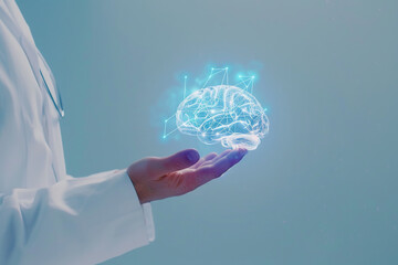 Doctor's hand with digital glowing brain on hand Light background, concept of body care, brain, surgery, technology, modern science.