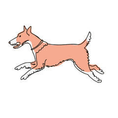 Pastel colored running dog, one Line art minimalistic drawing, side view, clothing with pastel colors, against a pure white background, illustration