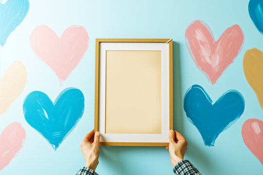 person hanging a frame on a wall between painted hearts