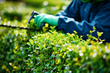 maintenance worker trimming hedges in a hospital garden - obrazy, fototapety, plakaty