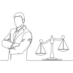 Continuous line drawing Male businessman lawyer, advocate, notary, Scales lawyer's services concept