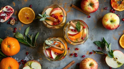 Fall and winter sangria with apples, oranges, pomegranate and cinnamon - obrazy, fototapety, plakaty
