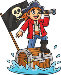 Pirate and Chest Floating Over Sea Cartoon Clipart