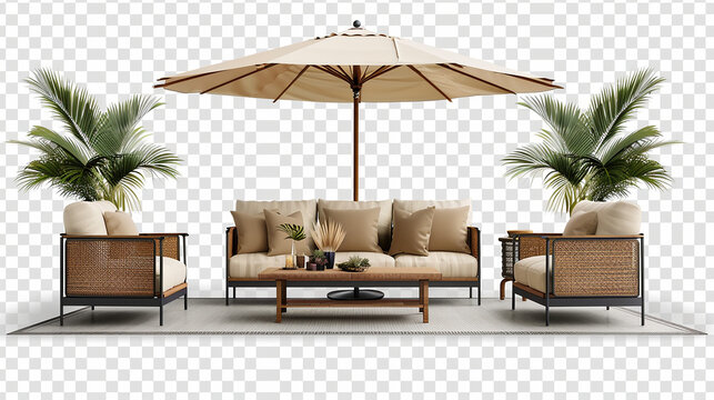Outdoor patio scene with furniture and umbrella on transparent background.png format. 