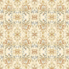 Seamless vintage ornamental watercolor paint pattern for fabric and ceramic tile. Indigo Portuguese abstract filigree background. Classic Blue damask, hand drawn floral design.