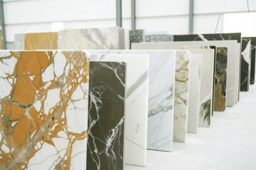 multiple marble slabs displayed in factory showroom