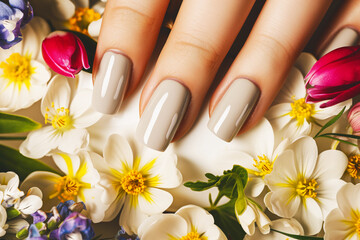 nails with a glossy finish and an assortment of spring flowers