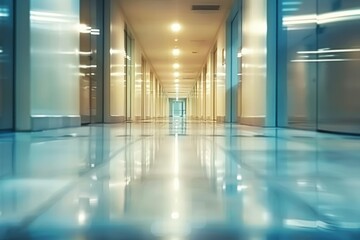 Fototapeta na wymiar Modern interior corridor in business building embodying futuristic architectural design welllit space offering perspective and motion perfect for urban office environments transportation hubs